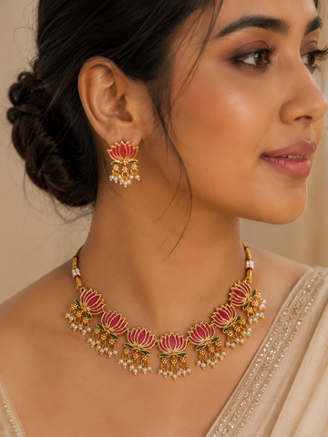 Antique gold plated lotus temple necklace set with earrings - Abdesigns
