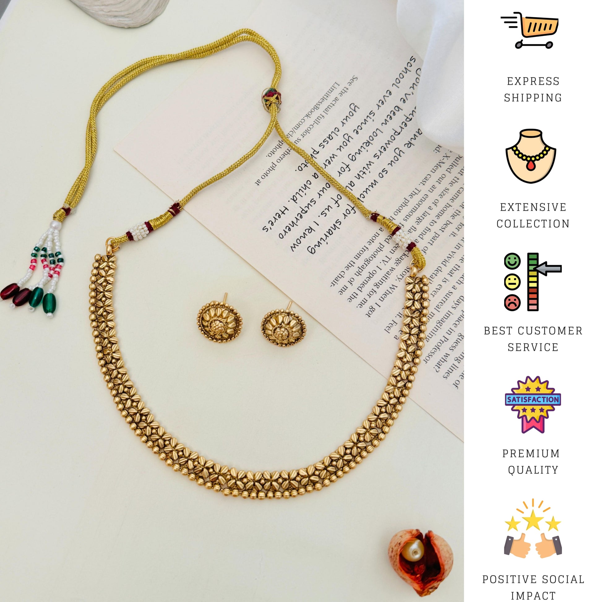 Golden Plated Matt Finish Necklace Set with matching earrings by Abdesignsjewellery on white background