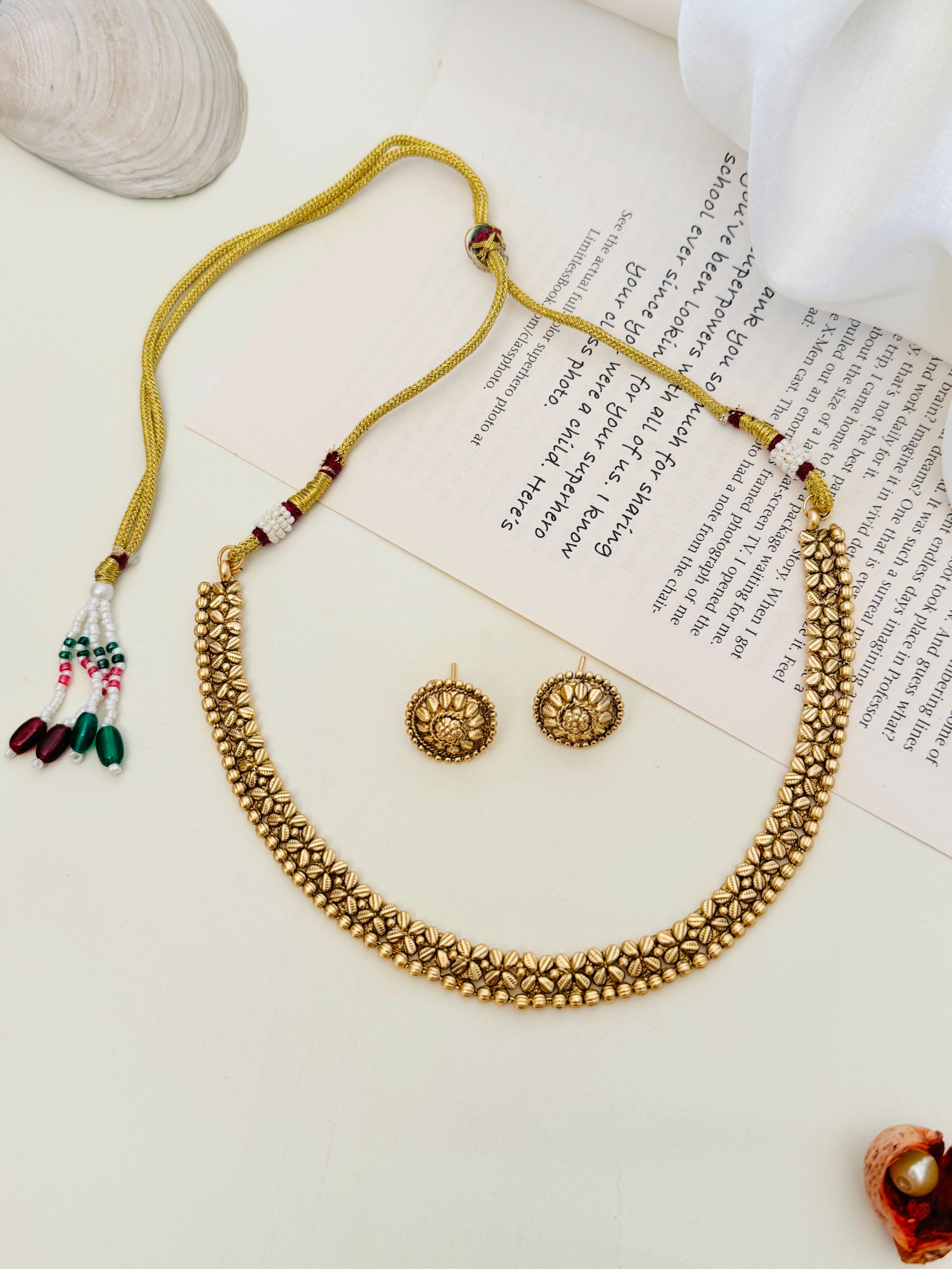 Golden Plated Matt Finish Necklace Set with intricate design and matching round earrings by Abdesignsjewellery