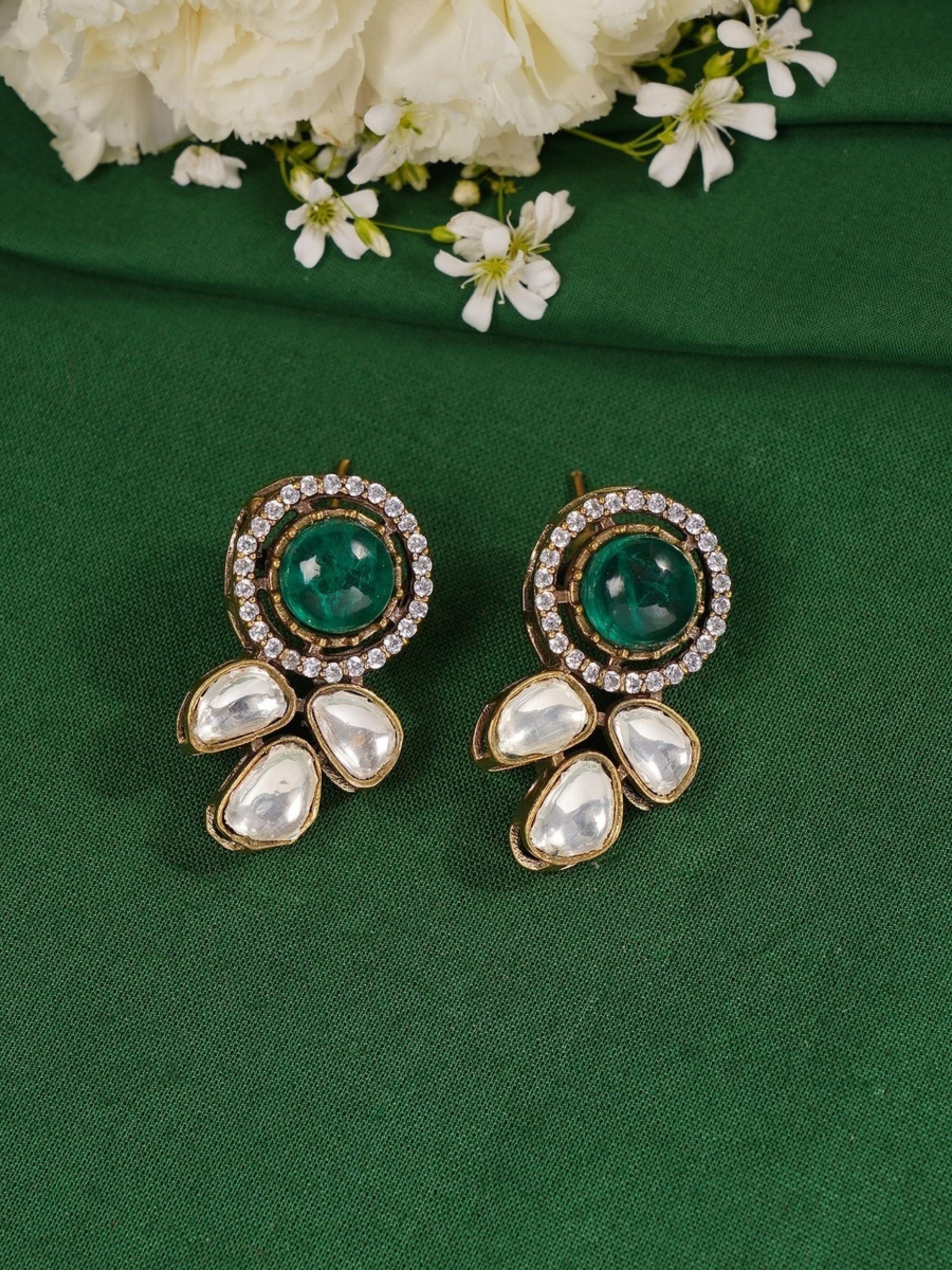Green Emerald Statement Oxidsed Gold Polki Necklace Set earrings with round green stones and white polki gems