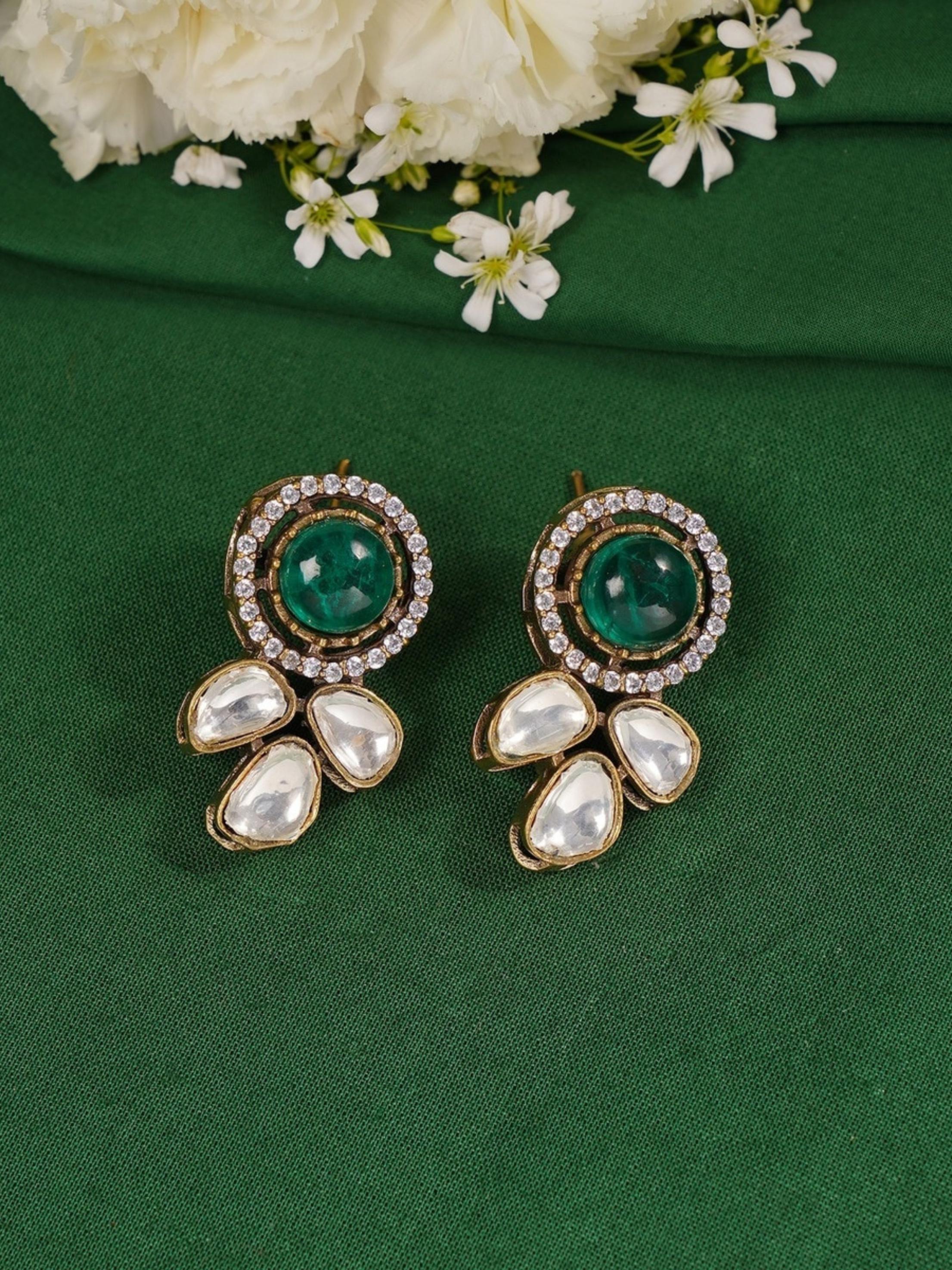 Green Emerald Statement Oxidsed Gold Polki Necklace Set earrings with round green stones and white polki gems
