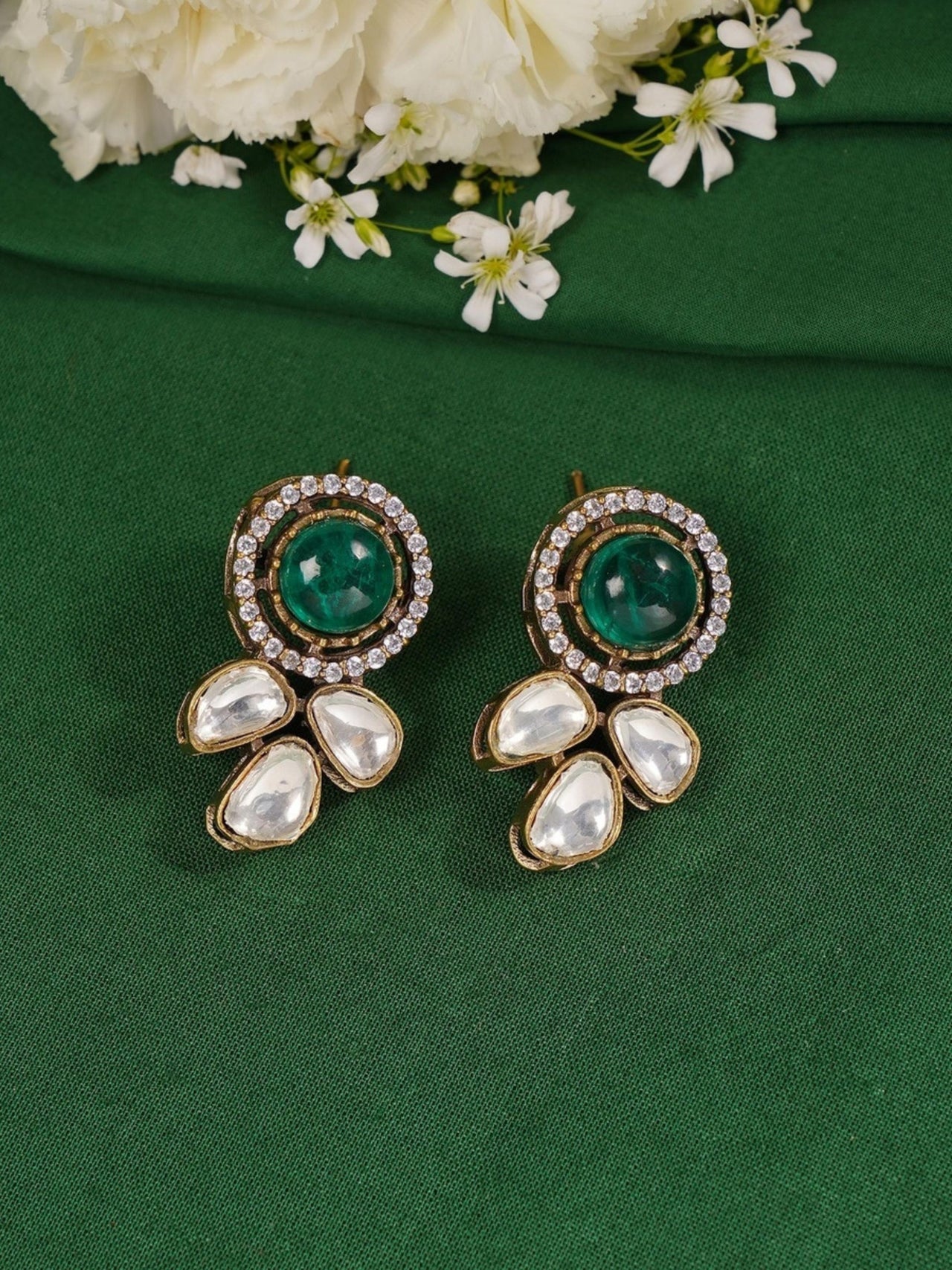 Green Emerald Statement Oxidsed Gold Polki Necklace Set earrings with round green stones and white polki gems
