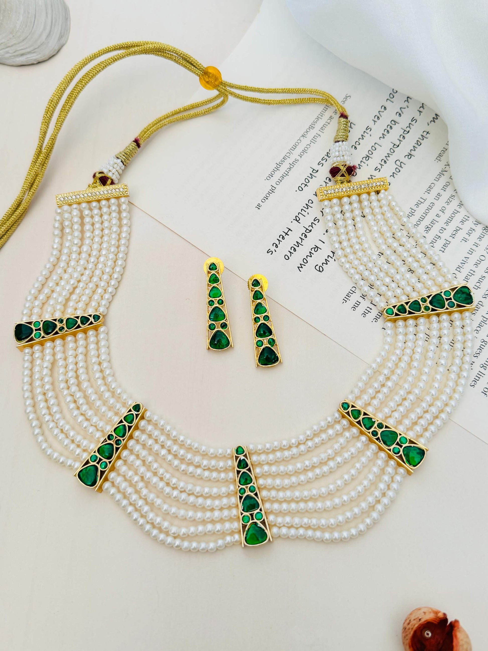 Green Gold Polki Pearl Choker Necklace Set with multiple pearl strands and green stone accents from Abdesignsjewellery
