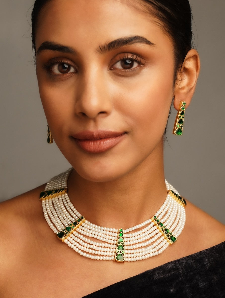 Green Gold Polki Pearl Choker Necklace Set with multiple pearl strands and green gold embellishments by Abdesignsjewellery