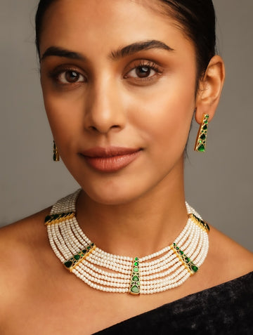 Green Gold Polki Pearl Choker Necklace Set with multiple pearl strands and green gold embellishments by Abdesignsjewellery