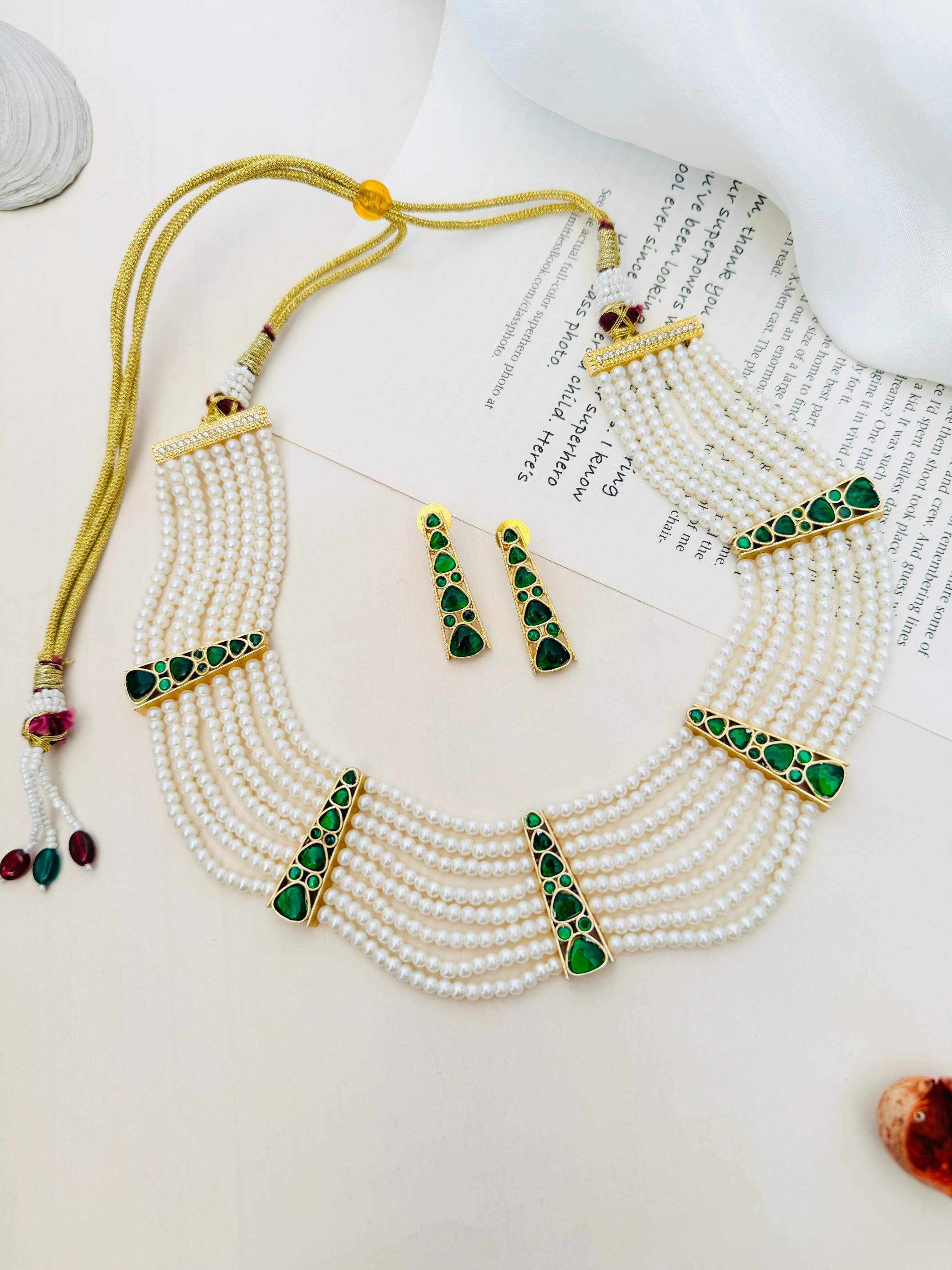 Green Gold Polki Pearl Choker Necklace Set featuring multiple strands of pearls and green gold polki accents with matching earrings