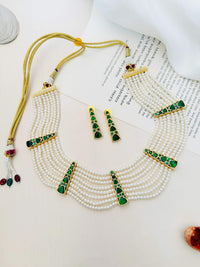 Thumbnail for Green Gold Polki Pearl Choker Necklace Set featuring multiple strands of pearls and green gold polki accents with matching earrings