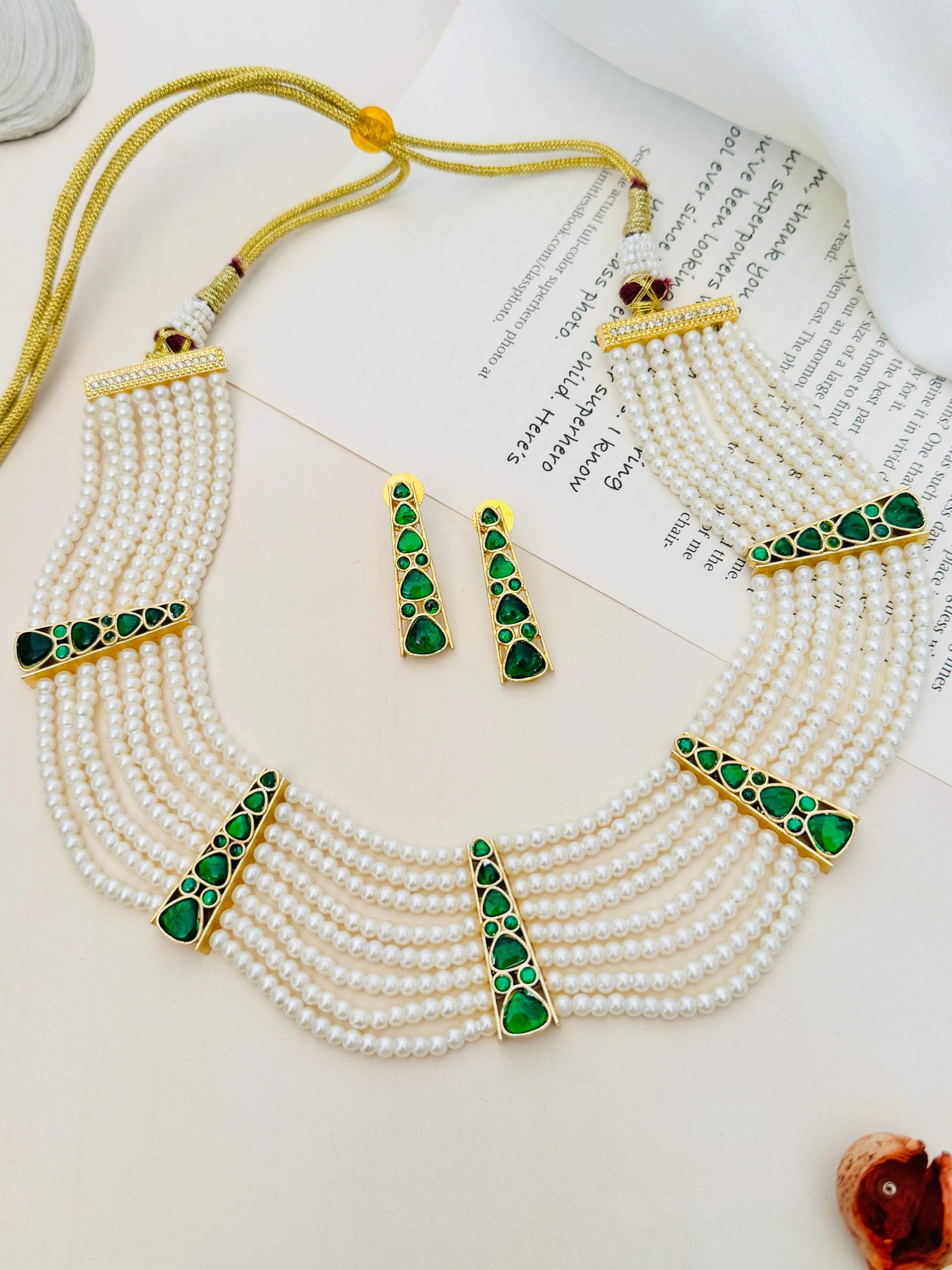 Green Gold Polki Pearl Choker Necklace Set with multiple pearl strands and green gold accents by Abdesignsjewellery