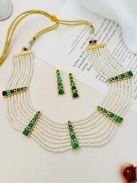 Thumbnail for Green Gold Polki Pearl Choker Necklace Set with multiple pearl strands and green gold accents by Abdesignsjewellery