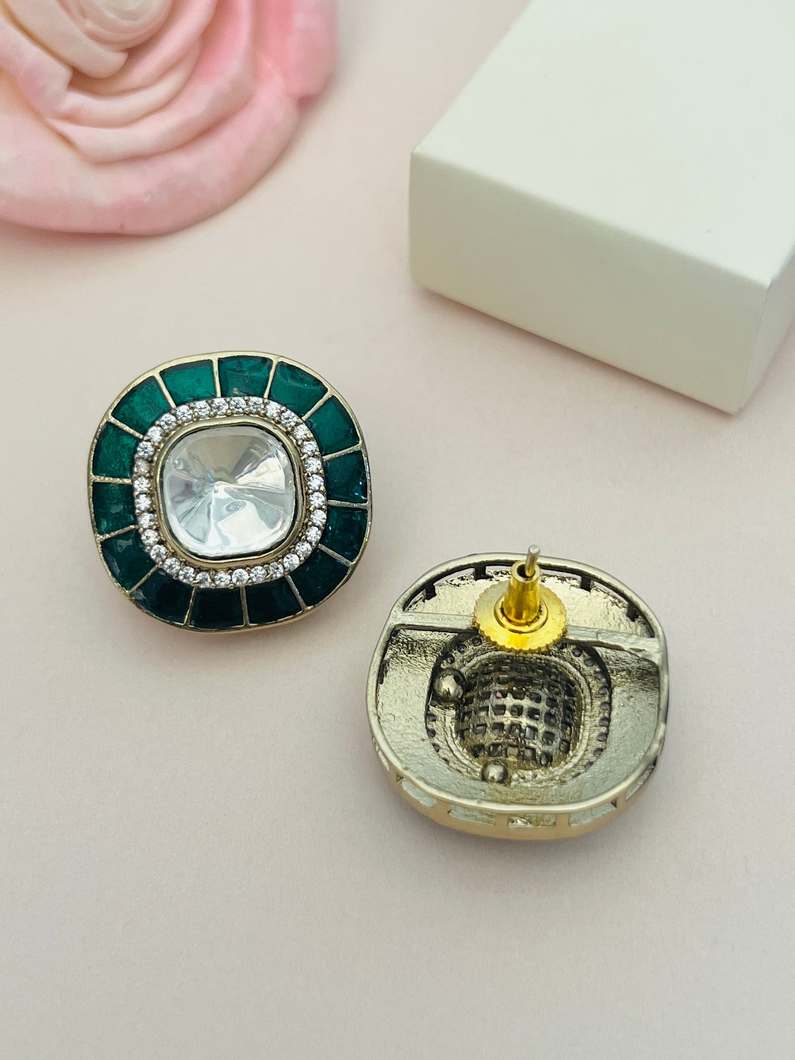 Green Meenakari Polki Hasli Necklace Set round green and white stud earrings from Abdesignsjewellery