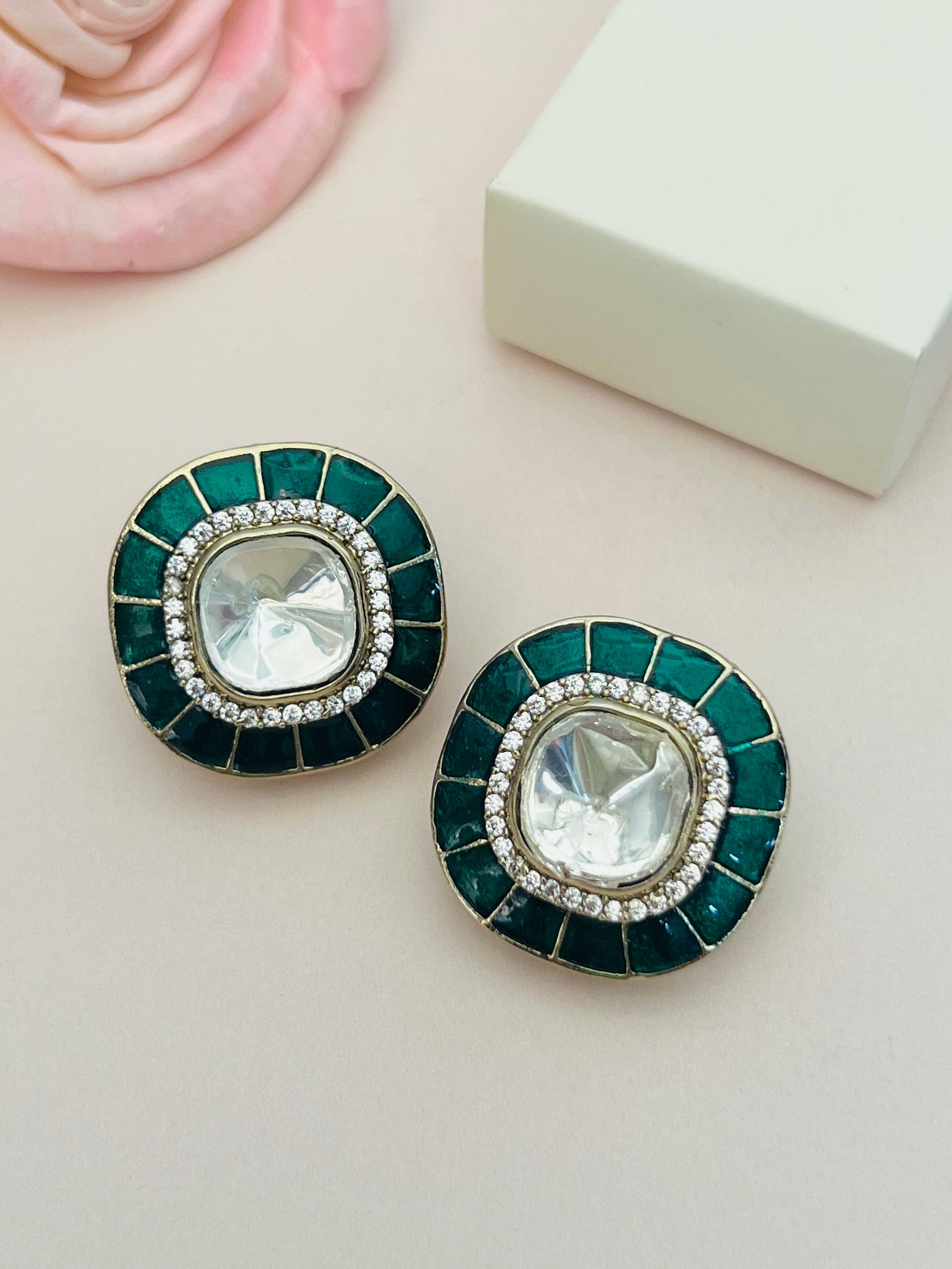 Green Meenakari Polki Hasli Necklace Set earrings with green enamel and clear polki stones by Abdesignsjewellery