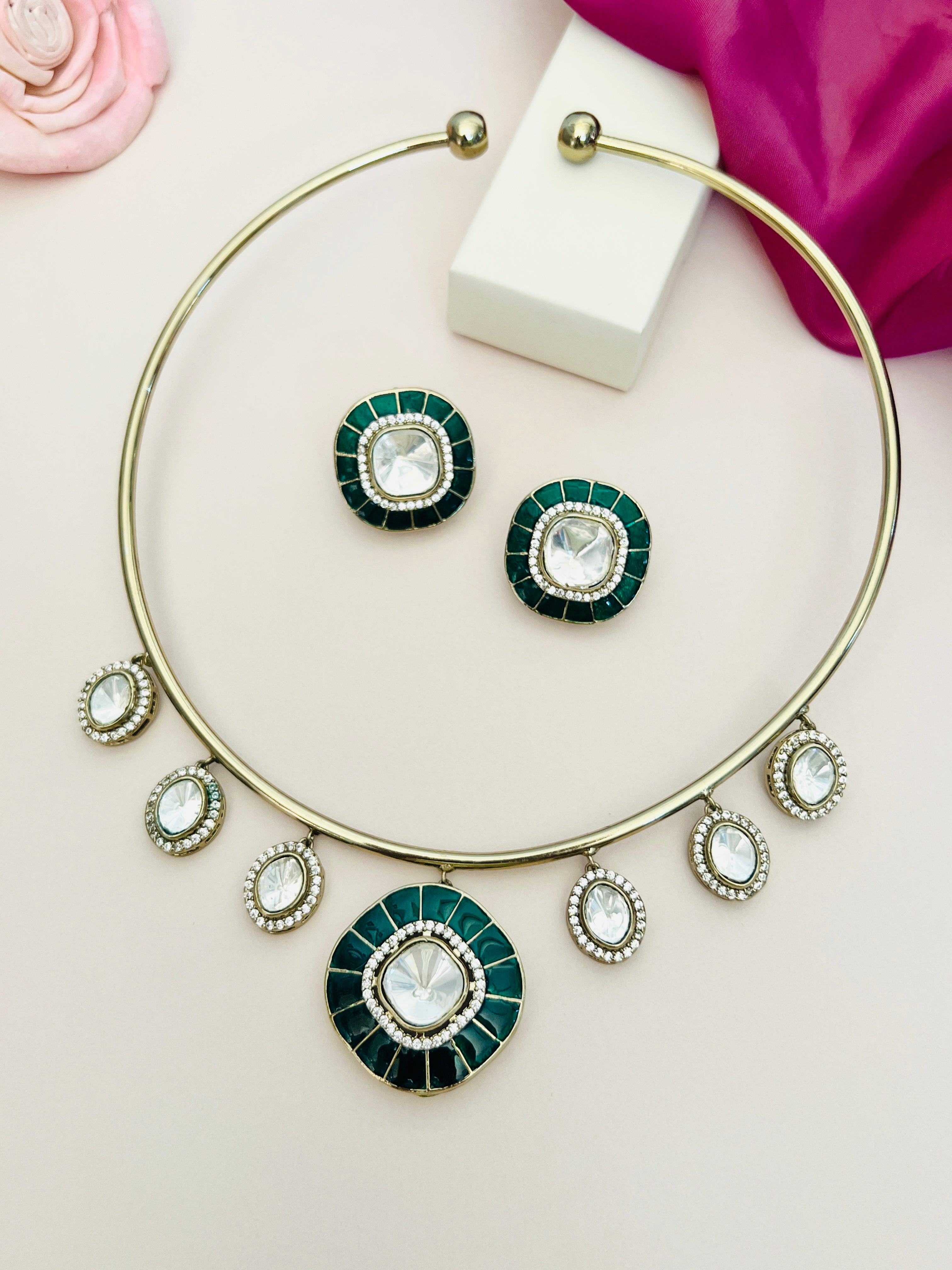 Abdesignsjewellery Green Meenakari Polki Hasli Necklace Set with green and white stone accents