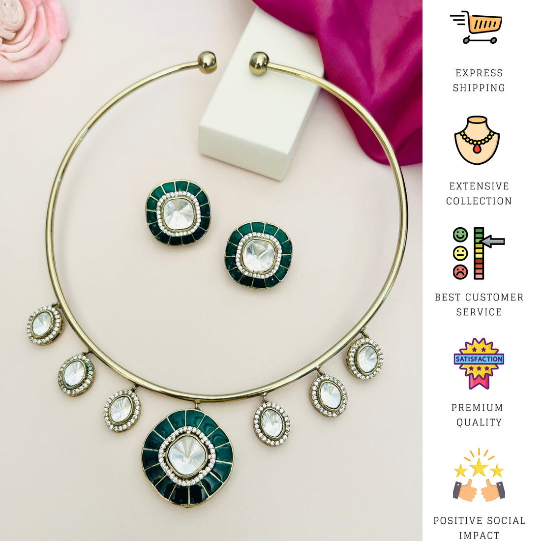 Green Meenakari Polki Hasli Necklace Set worn by woman with matching earrings from Abdesignsjewellery