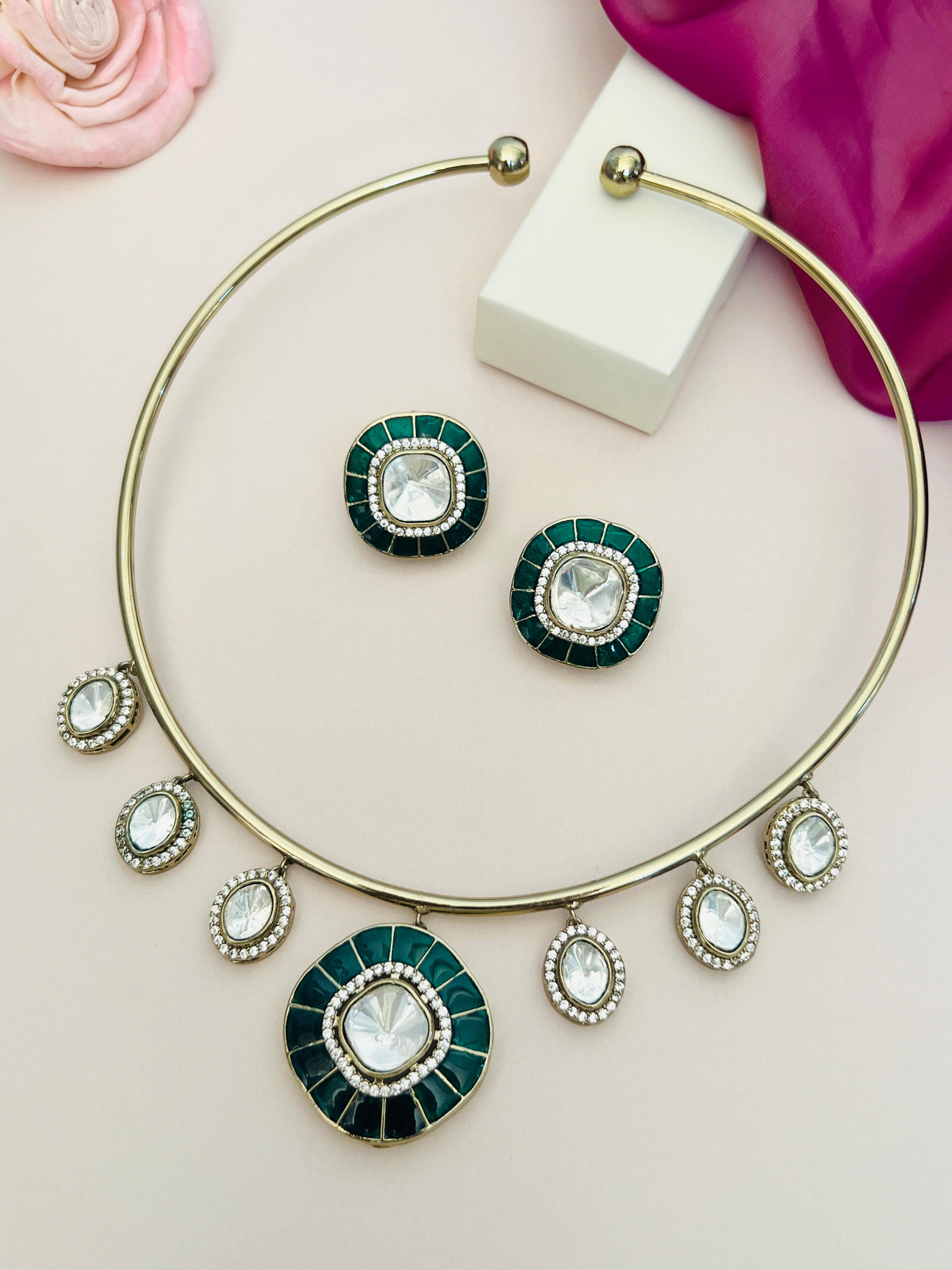 Green Meenakari Polki Hasli Necklace Set with matching earrings by Abdesignsjewellery