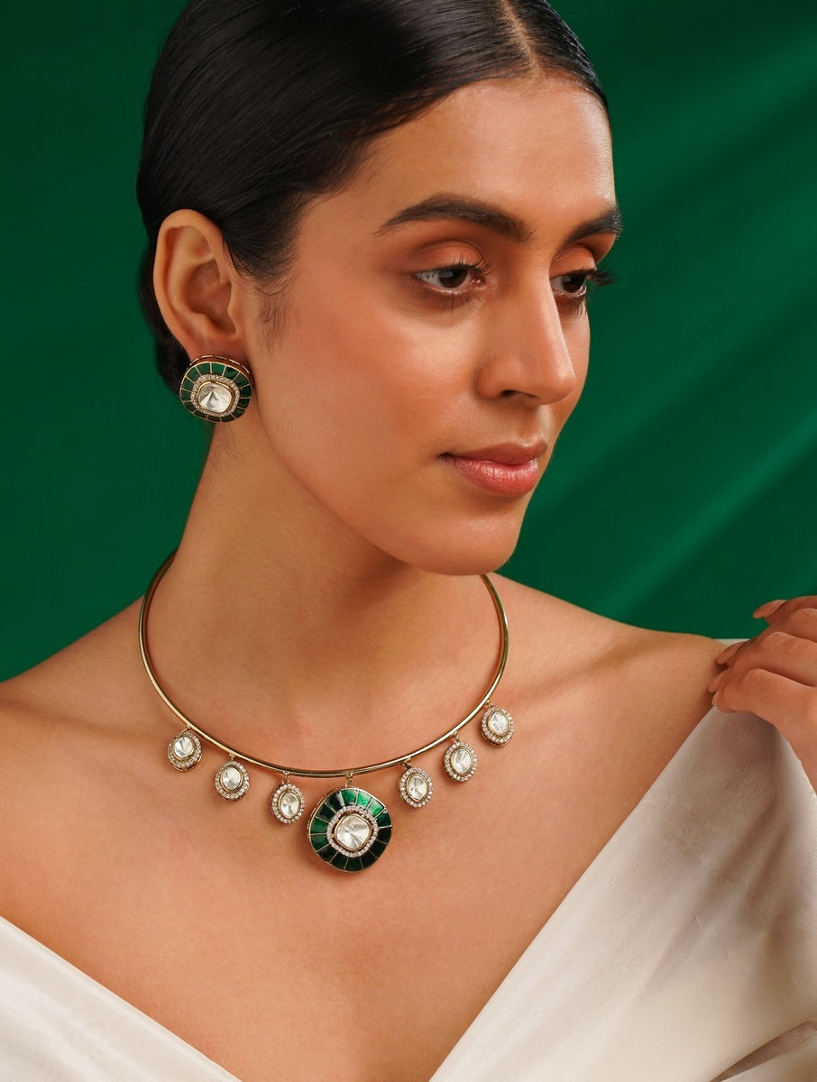 Green Meenakari Polki Hasli Necklace Set worn by woman with matching earrings from Abdesignsjewellery