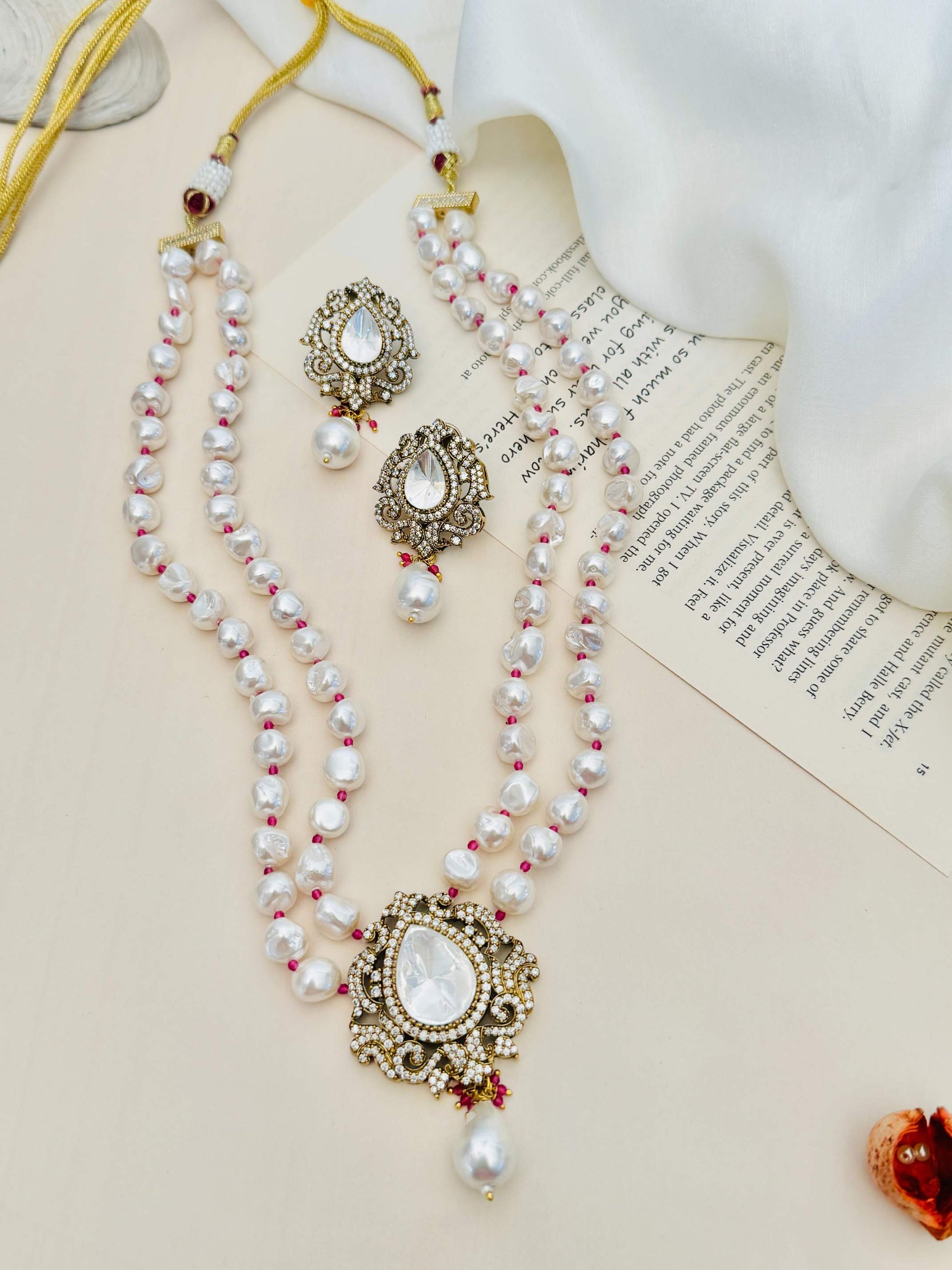 Abdesignsjewellery Heritage Fusion Polki Pearl Mala Set with intricate pendant and matching earrings