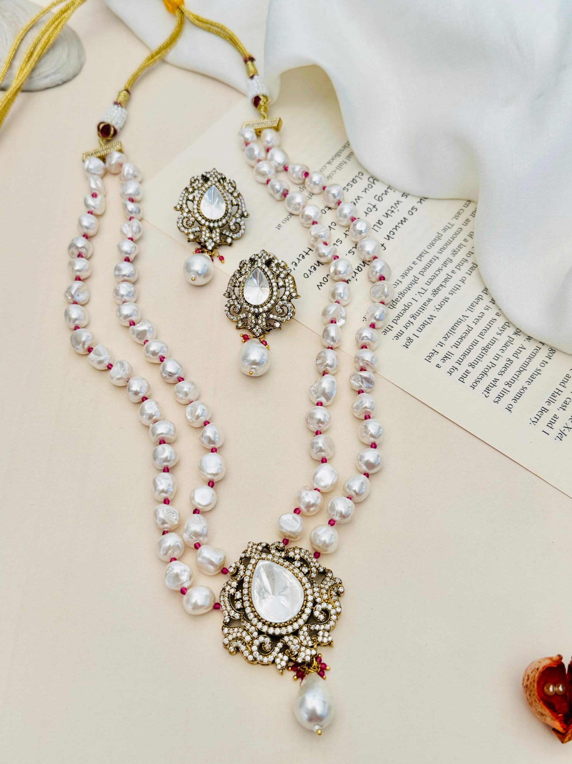 Heritage Fusion Polki Pearl Mala Set with intricate pearl necklace and matching earrings