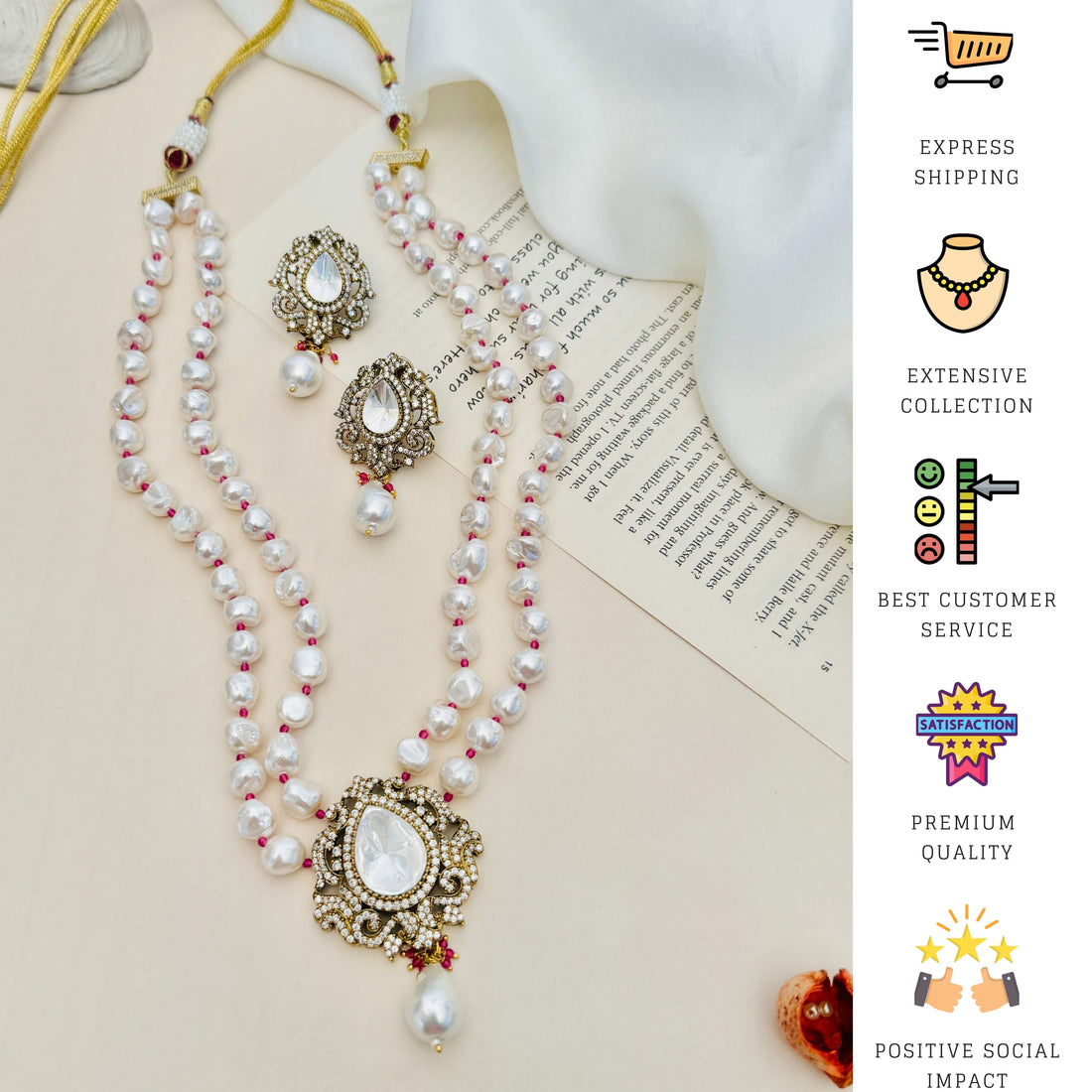 Elegant Heritage Fusion Polki Pearl Mala Set featuring double strand pearls and intricate pendant design