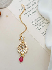 Thumbnail for High Quality Bold Gold Plated Kundan Maangtikka with intricate design and pink bead from Abdesignsjewellery