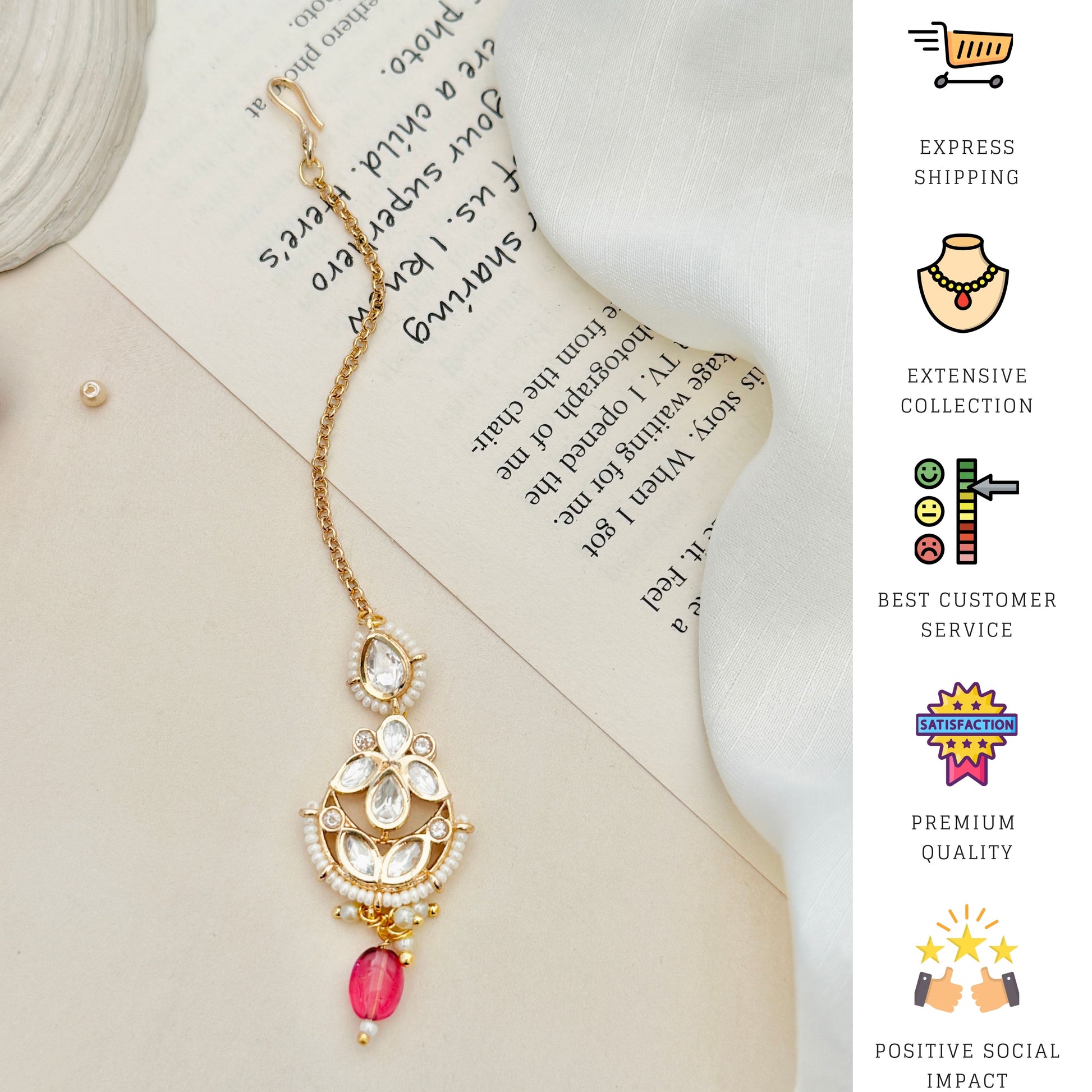 High Quality Bold Gold Plated Kundan Maangtikka with intricate white stones and red bead pendant by Abdesignsjewellery