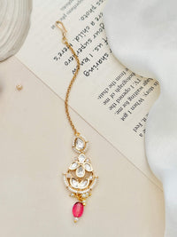Thumbnail for High Quality Bold Gold Plated Kundan Maangtikka with white stones and pink bead hanging from gold chain