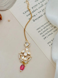 Thumbnail for High Quality Bold Gold Plated Kundan Maangtikka with white stones and pink bead by Abdesignsjewellery
