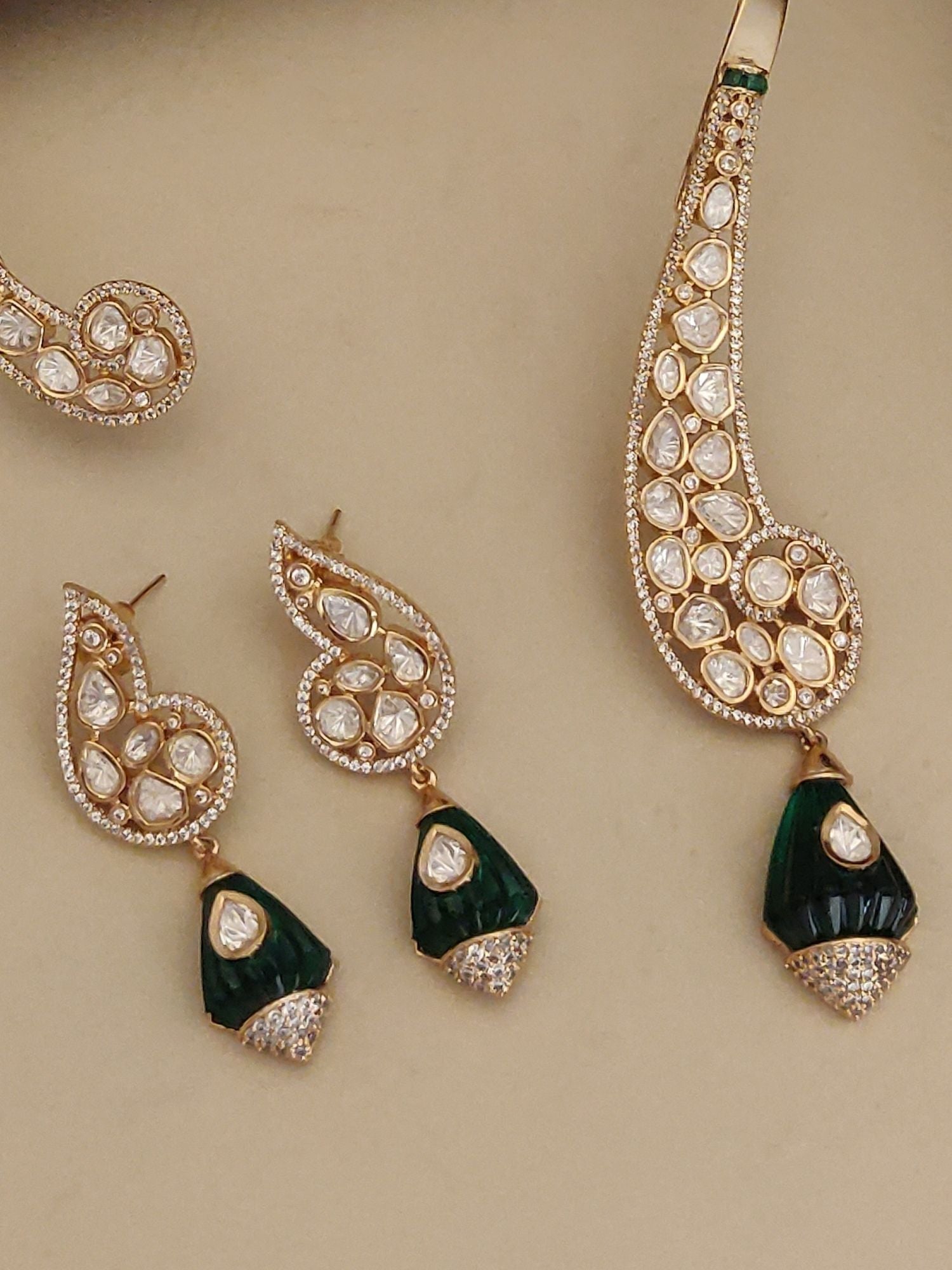 Abdesignsjewellery designer gold plated necklace set with green and white stone embellishments