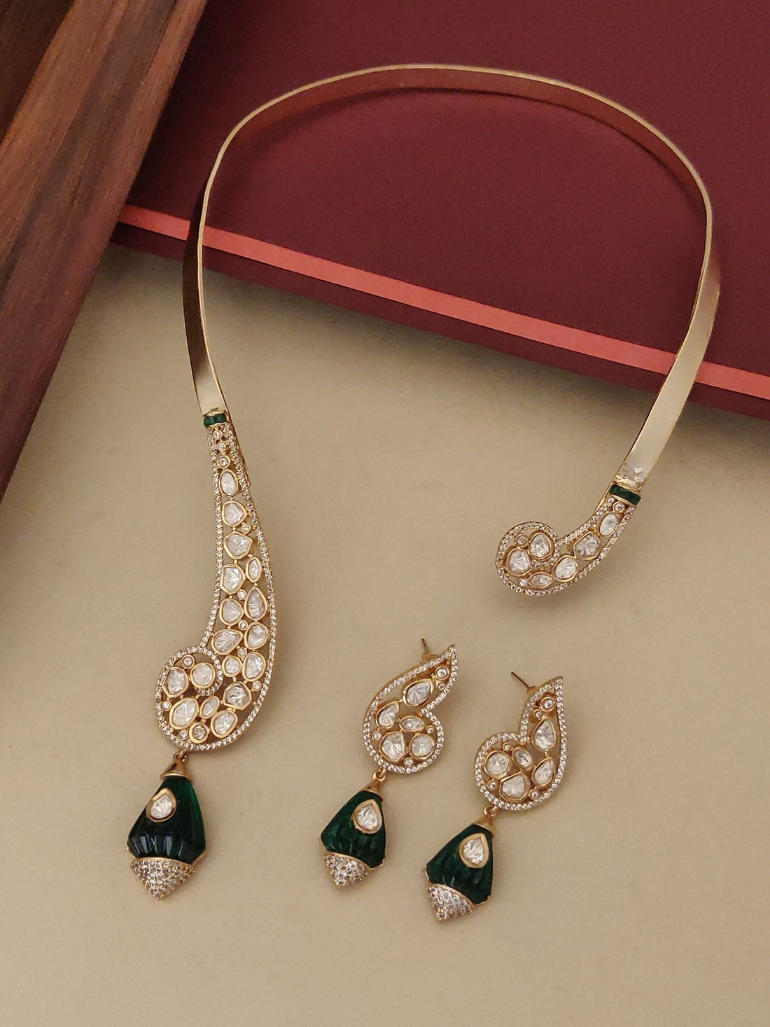 Abdesignsjewellery designer gold plated necklace set with intricate pearl and green enamel detailing