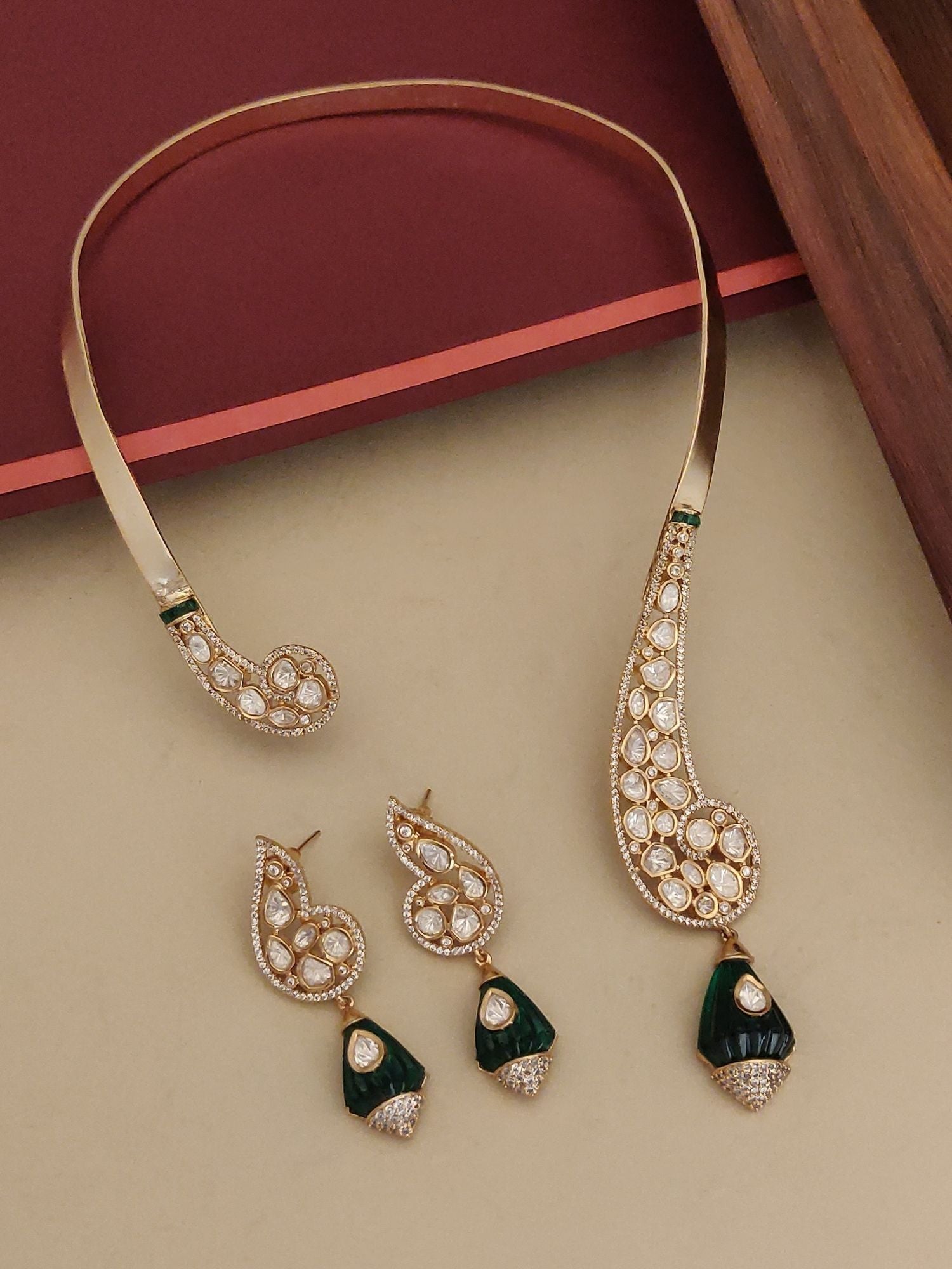 Abdesignsjewellery designer gold plated necklace set with intricate pearl and green enamel detailing