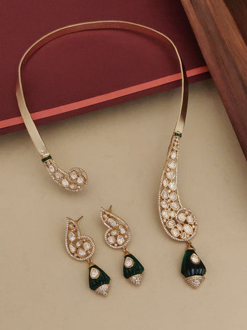 Abdesignsjewellery designer gold plated necklace set with intricate pearl and green enamel detailing