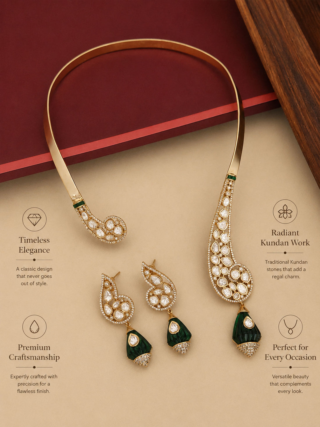 Abdesignsjewellery designer gold plated necklace set with intricate pearl and green enamel detailing