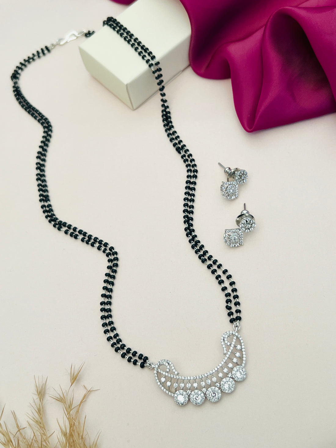 Abdesignsjewellery American Diamond Mangalsutra Set with black beads and sparkling pendant with matching earrings