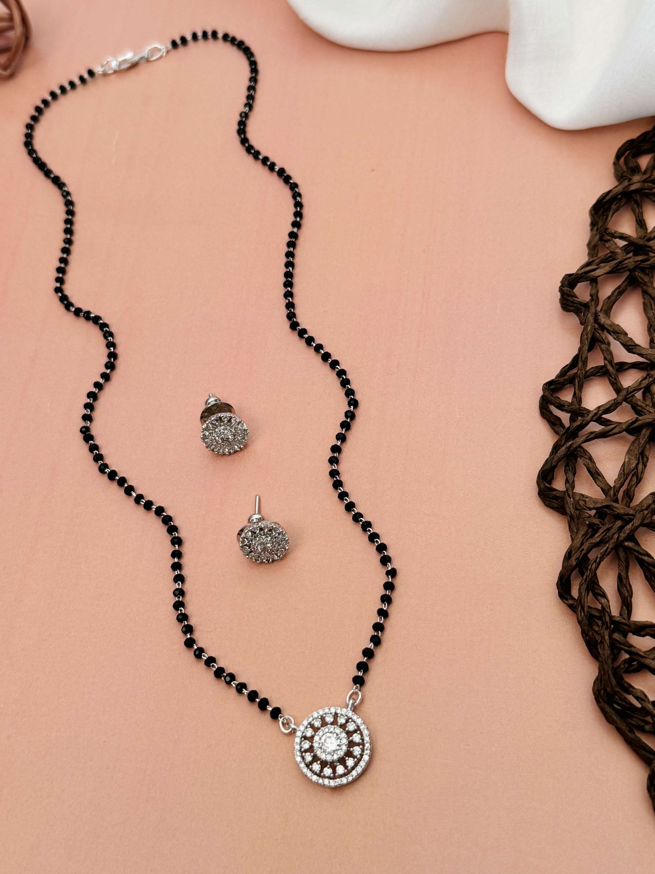 Abdesignsjewellery American Diamond Mangalsutra Set with black beads and matching stud earrings
