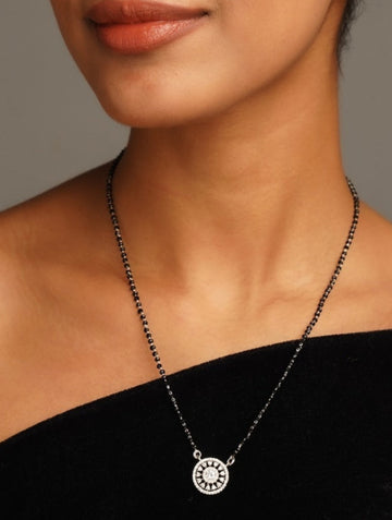 Elegant American Diamond Mangalsutra Set with black beads and round pendant from Abdesignsjewellery