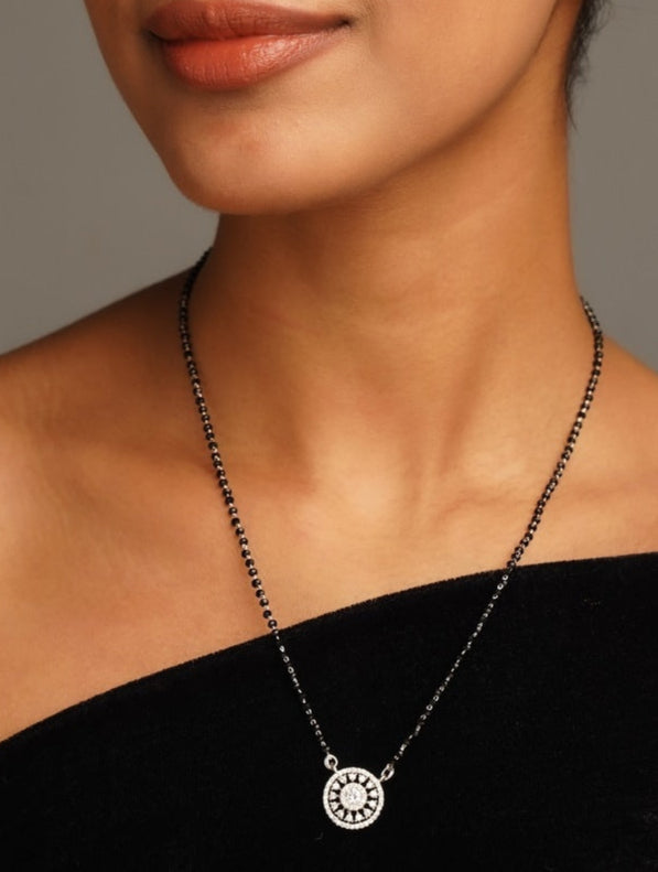Elegant American Diamond Mangalsutra Set with black beads and round pendant from Abdesignsjewellery
