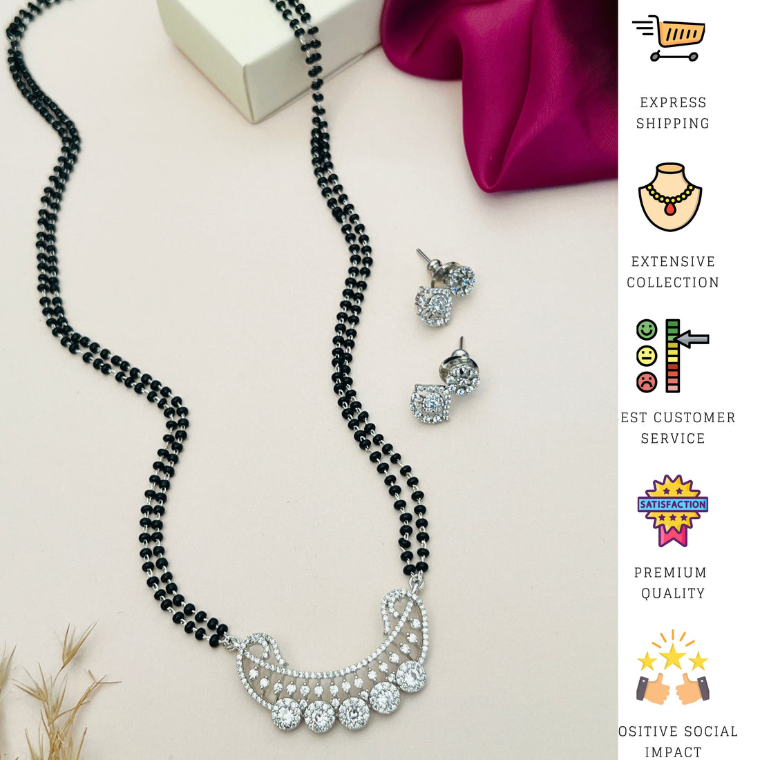 Abdesignsjewellery American Diamond Mangalsutra Set with black beads and sparkling pendant with matching earrings