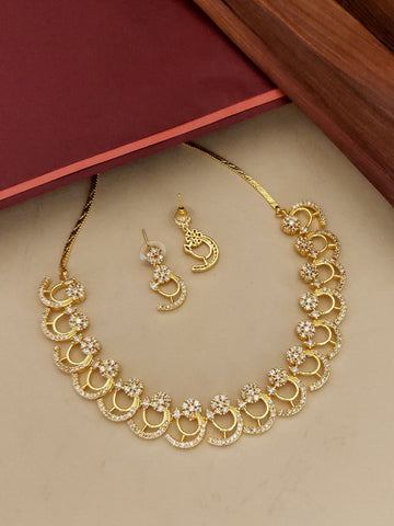 Abdesignsjewellery gold pendant chain with crescent floral motifs and matching drop earrings American diamond necklace set