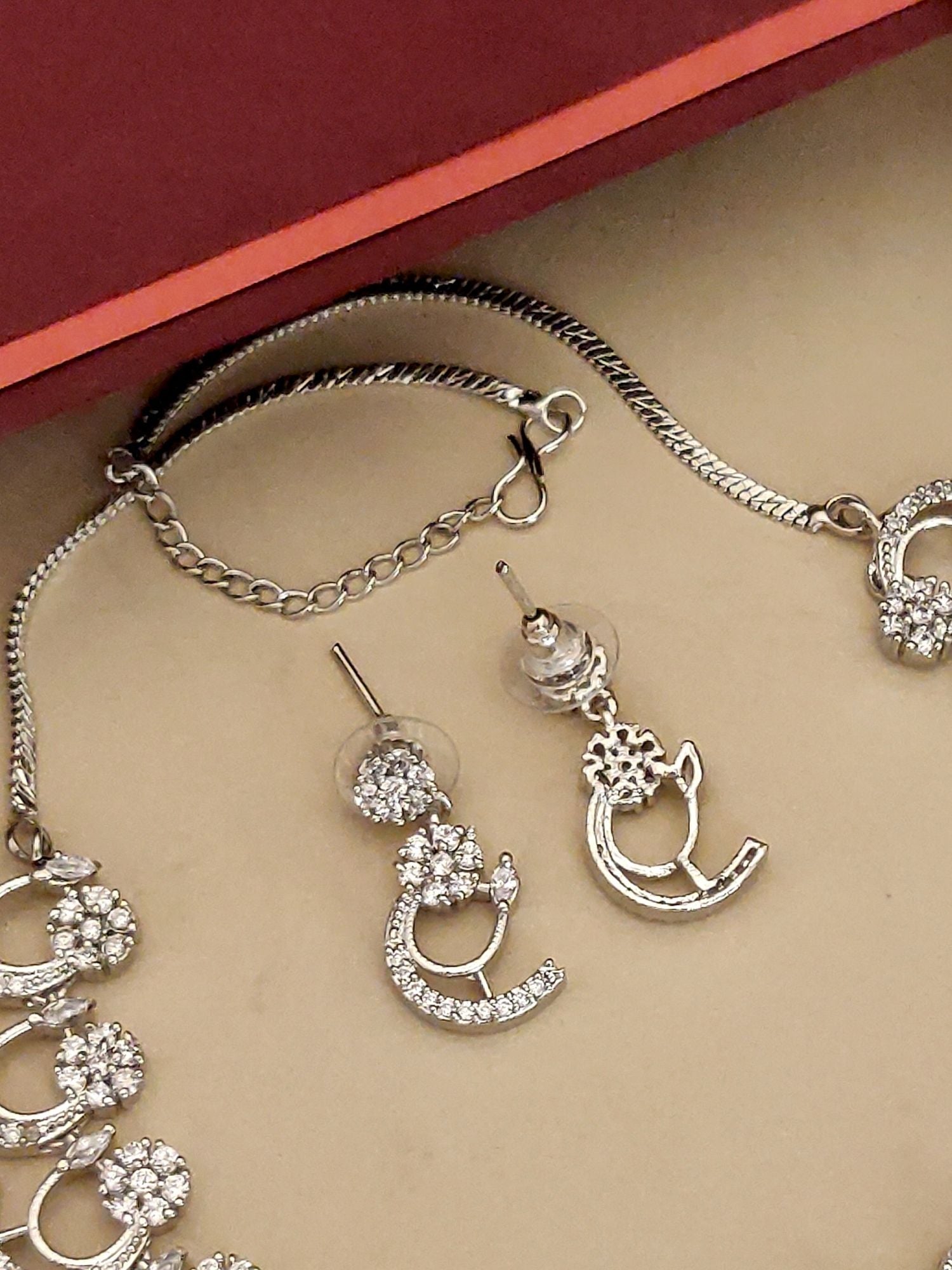 Abdesignsjewellery silver pendant chain with matching earrings featuring crystal studs American diamond necklace set