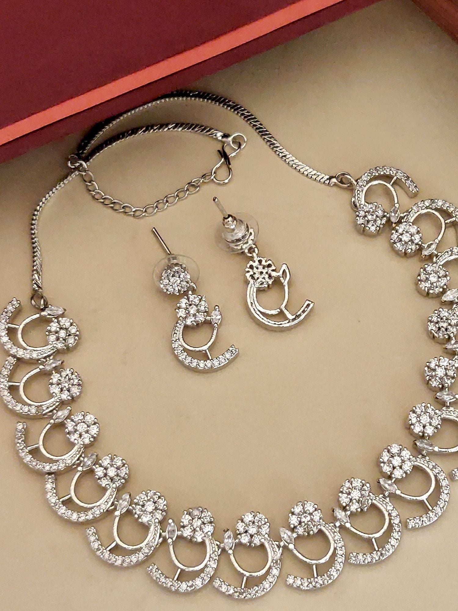 Abdesignsjewellery American diamond necklace set pendant chain with floral cluster stones and matching earrings