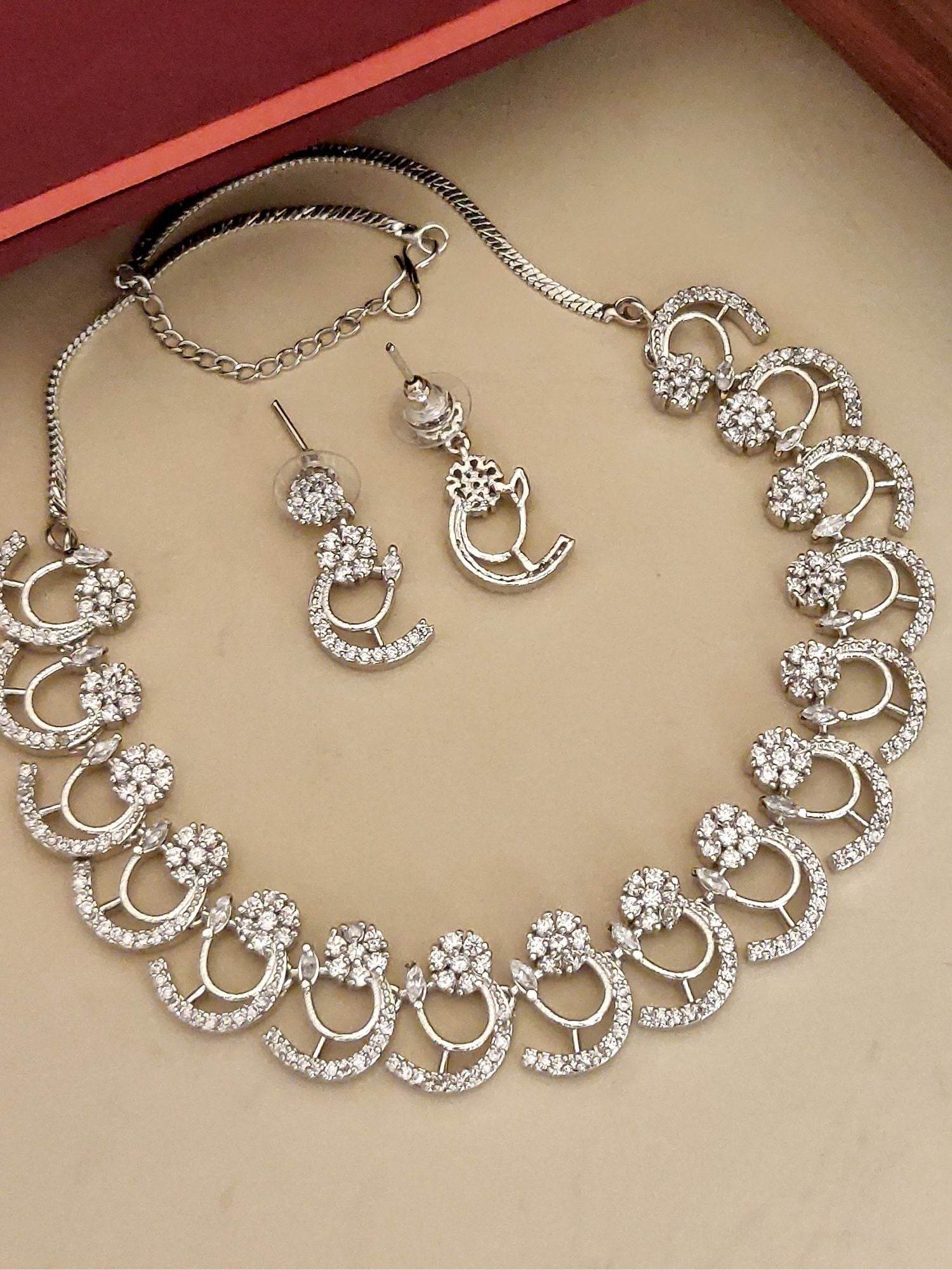 Abdesignsjewellery American diamond necklace set silver pendant chain with floral cluster stones and matching earrings