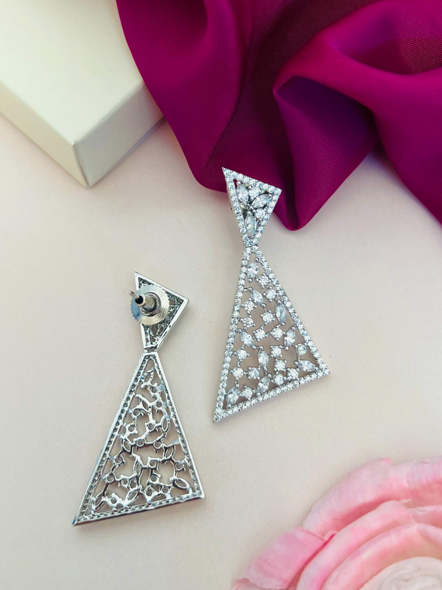 Abdesigns American Diamond Party Earrings in silver with intricate triangular design