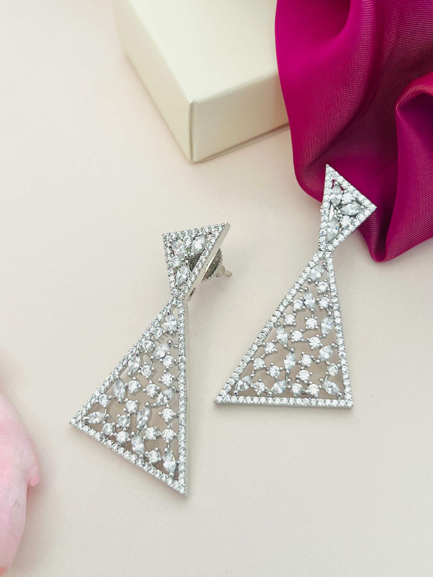 Abdesignsjewellery silver American Diamond Party Earrings with triangular design and intricate detailing