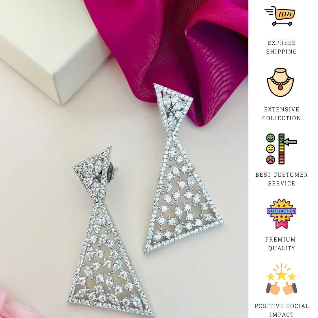 Abdesignsjewellery American Diamond Party Earrings triangular design worn on ear