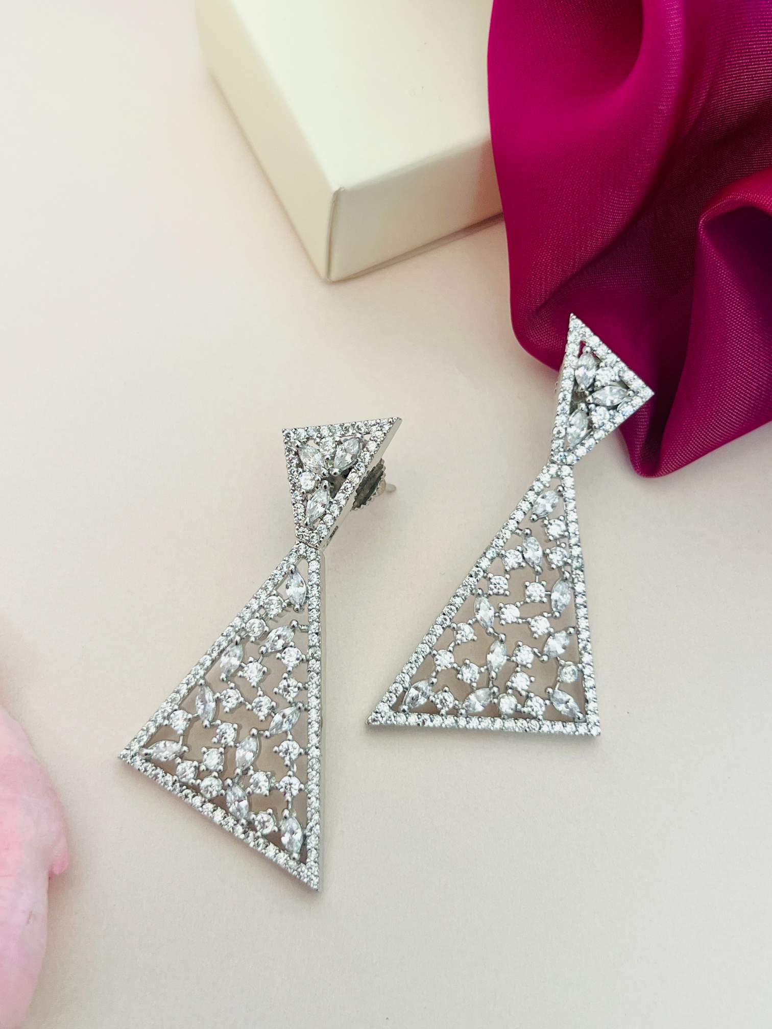 Abdesignsjewellery American Diamond Party Earrings in silver with intricate triangular design