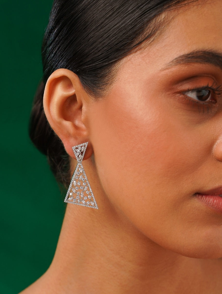 Abdesignsjewellery American Diamond Party Earrings triangular design worn on ear