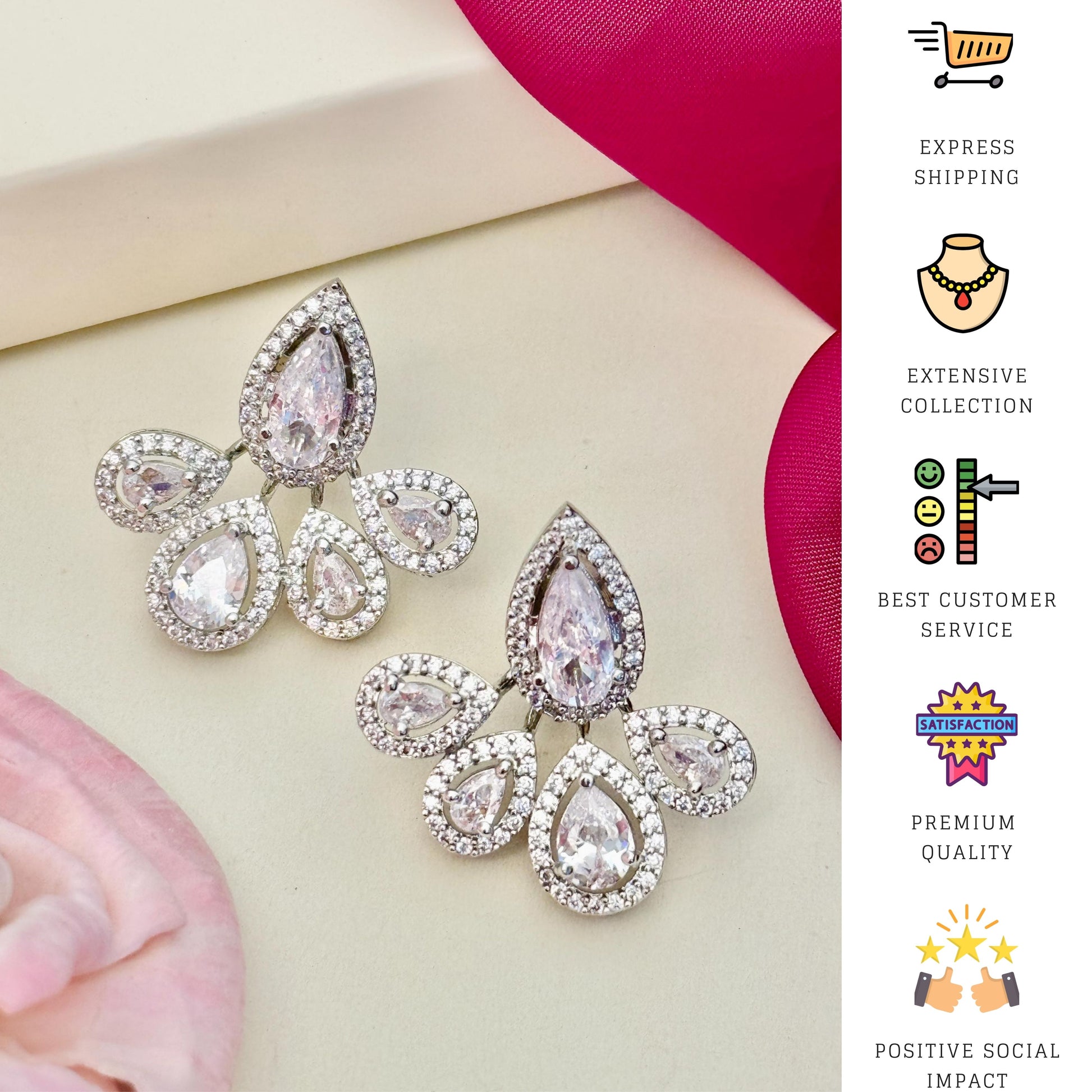 American Diamond Silver Plated Earring with teardrop-shaped stones and intricate detailing by Abdesignsjewellery