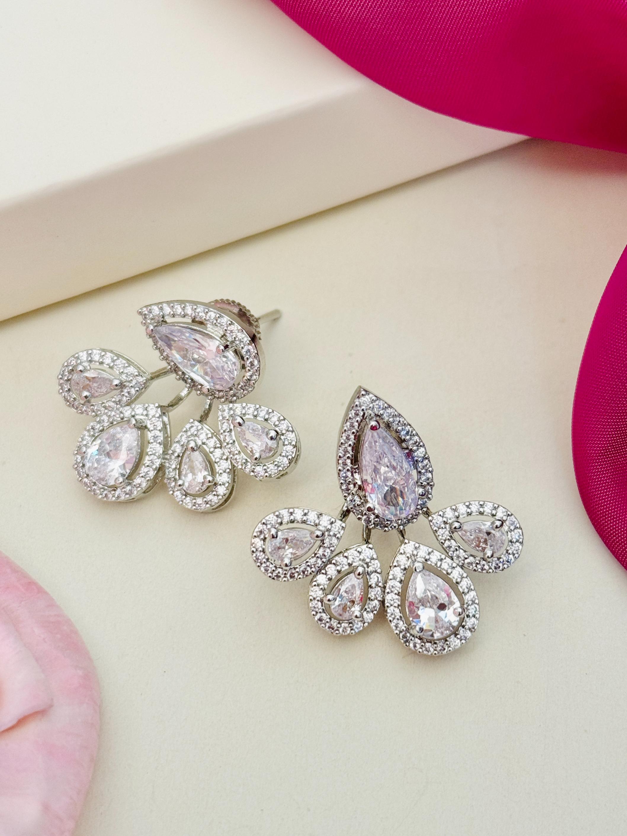 American Diamond Silver Plated Earring with pear-shaped stones and intricate design by Abdesignsjewellery