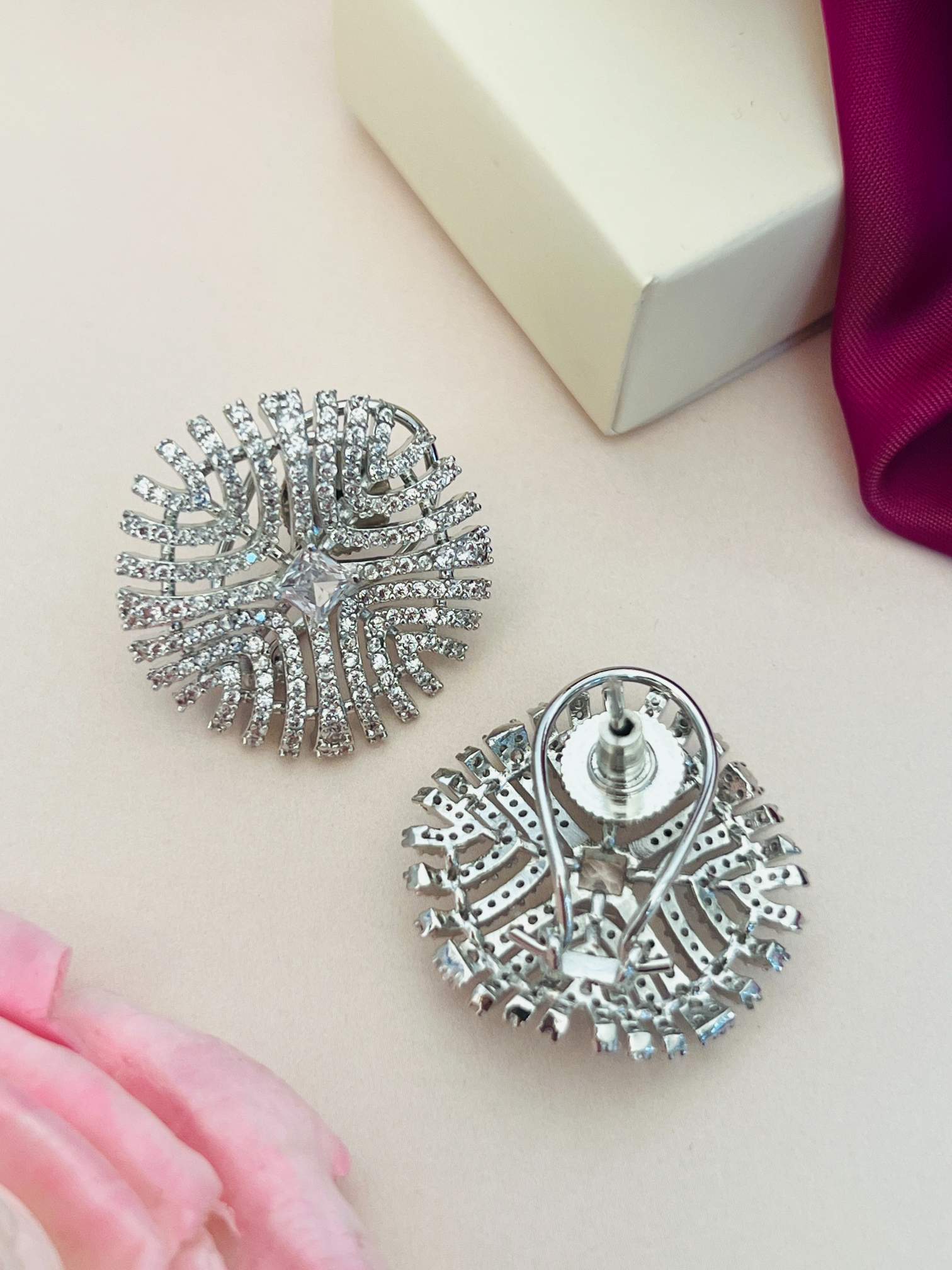 Abdesignsjewellery American Diamond Silver Plated Party Earring round stud design with intricate detailing