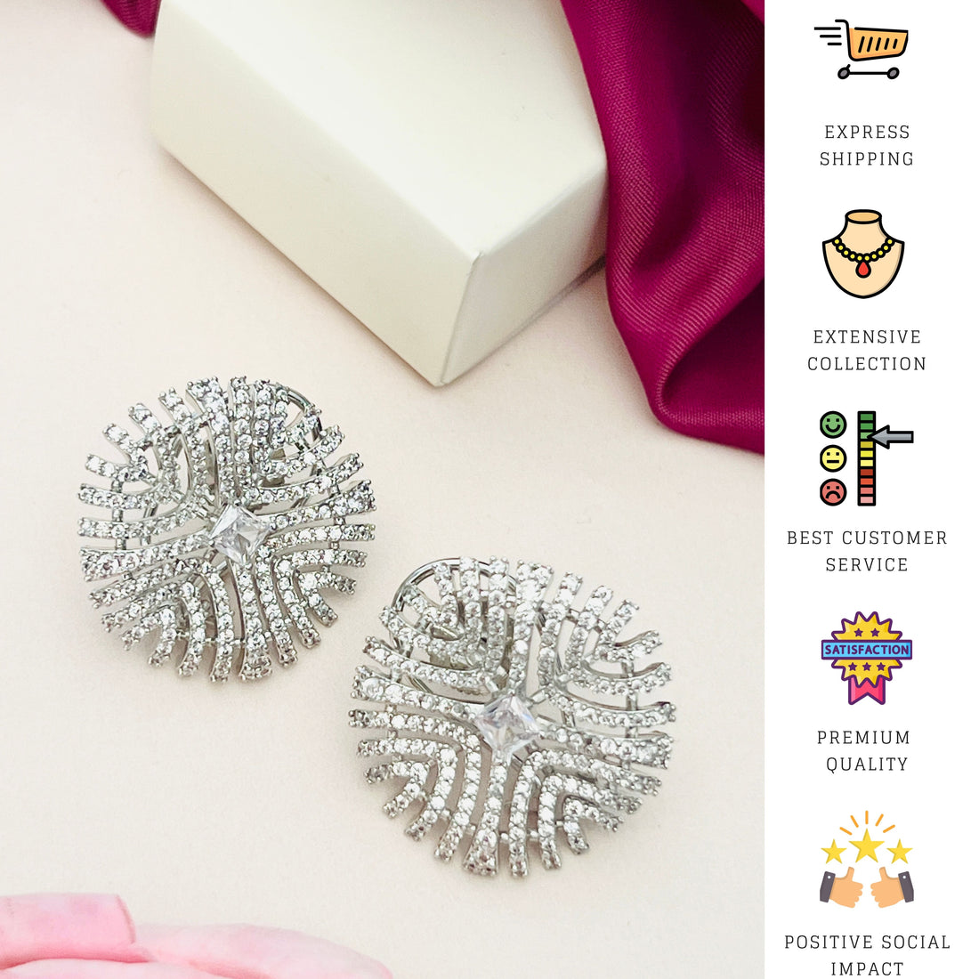 American Diamond Silver Plated Party Earring worn on ear with intricate round design by Abdesignsjewellery