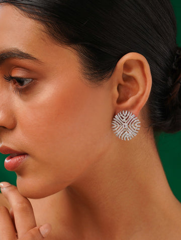 American Diamond Silver Plated Party Earring worn on ear with intricate round design by Abdesignsjewellery